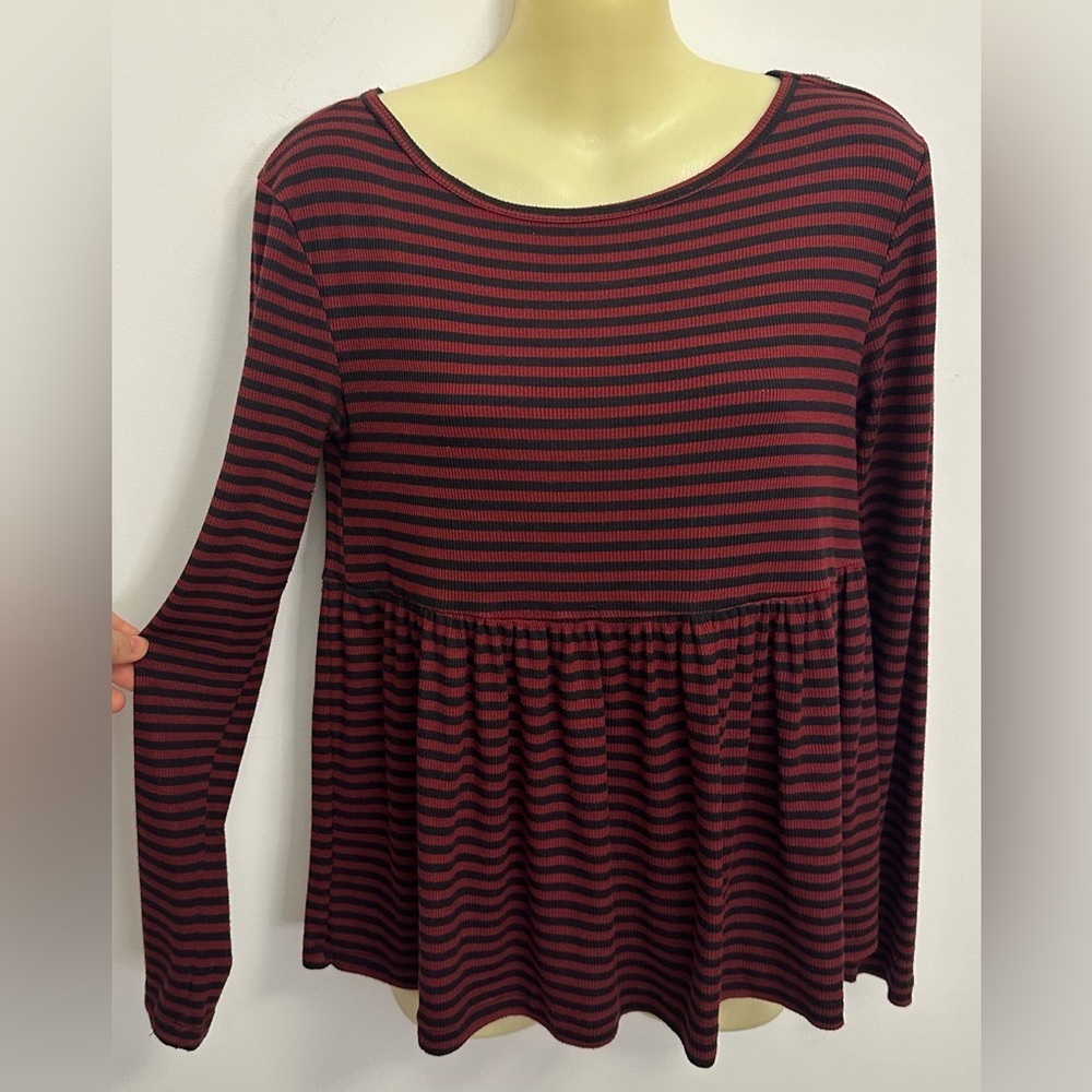 Kimchi Blue Long Sleeve Maroon and Black Striped Peplum Top size S